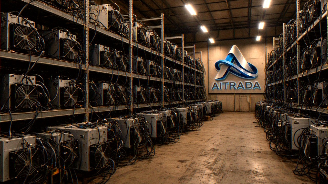 AITRADA Lagerhalle mit Mining und AITRADA-Wandlogo