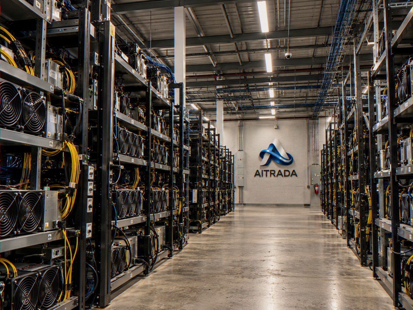 AITRADA Mining-Halle mit Wandlogo